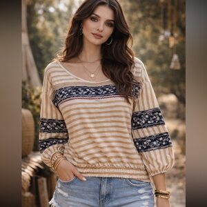 Gimmicks by BKE Boho Tan Stripe Cinched Hem Blouse